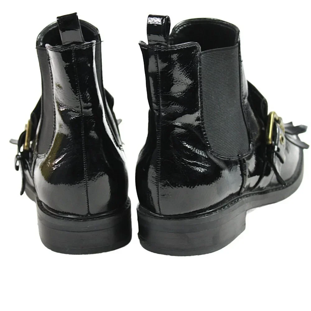 Marc Fisher Brigita Chelsea Kiltie Black Patent Buckle Pull On Boot, Size 7